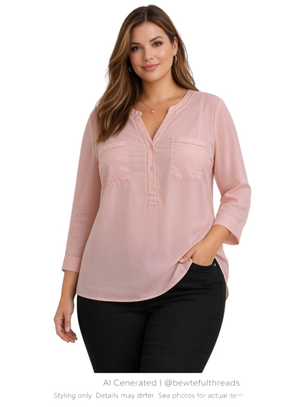 Blush Pink Sheer Feminine Office Chic V-Neck Pocket Blouse XL